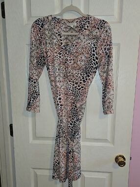 Dana Buchman Pink and Black Mixed Animal Print Long Sleeve Dress